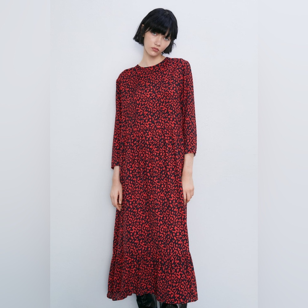 ZARA Red Leopard Printed Midi Tent Dress Women's Size M